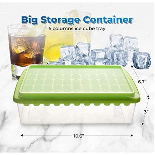 Ice Cube Tray With Lid and Bin - Space Saver Silicone Ice Tray For Freezer Comes with Ice Container, Scoop and Cover Big Ice Bucket (Green), 10.43in x 3.86in x 2.95in 3