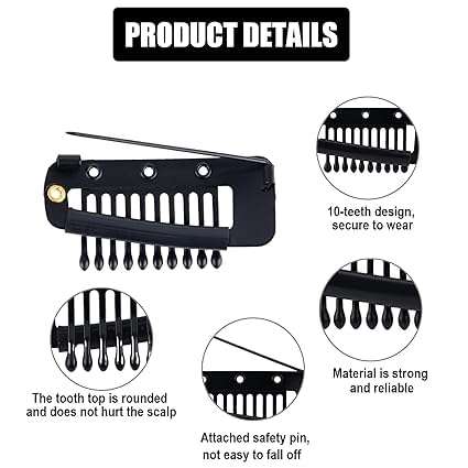 INHEAVEN 3 pcs Wig Clip with Safety Pins, 10-Teeth Hair Extension Snap Clips Invisible Strong Wig Combs to Secure Wig No Sew Chunni Grip Dupatta Clips (BLACK, 3) 3