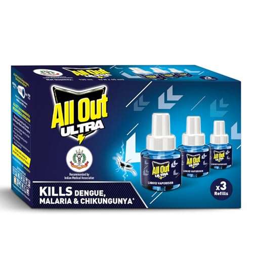 All Out Ultra Liquid Vaporizer, 3 Refills (45ml each) | Kills Dengue, Malaria & Chikungunya Spreading Mosquitoes| India's Only Mosquito Killer Brand Recommended by Indian Medical Association 2