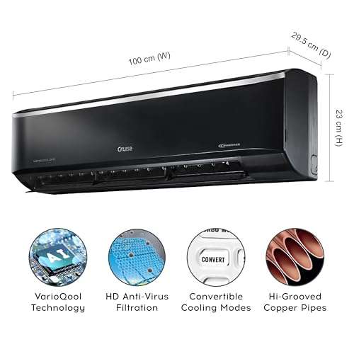 Cruise 1.5 Ton 5 Star, New star rated, Black Inverter Split AC (Copper, Convertible 4-in-1, 4-Way Swing, Cooling at 55 °C, PM 2.5 Filter, Energy Saving, Anti-Rust Tech, CWCVBM-VP3F185BL, Piano Black) 3