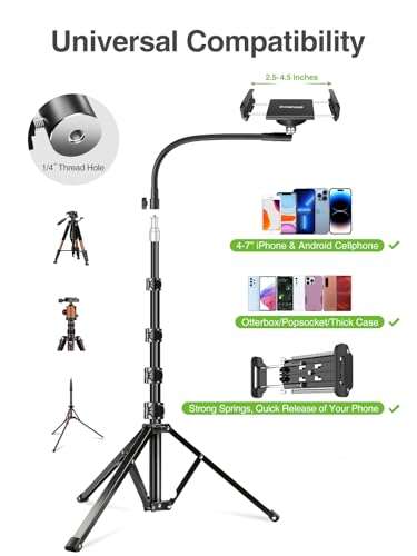 elitehood 80” Tall Phone Stand Tripod, Floor Phone Recording Stand, Heavy Duty Adjustable iPhone Tripod Stand Compatible with iPhone 15 14 13 12 6