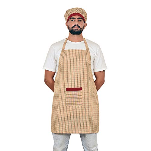 The Fineworld Cotton Designer Striped Unisex Aprons with Cap, Front Pocket for Kitchen, Hotel, Restaurant (Red, 29x23 Inch) 3