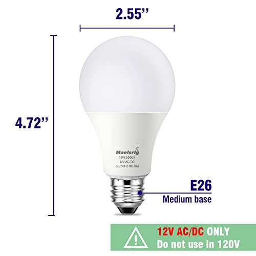 12V LED Light Bulbs, 100W-120W Equivalent, Daylight 5000K, 16W 1600 Lumens, 12 Volt AC/DC, Non-Dimmable, E26 Base, Low Voltage Light Bulbs for Boat, RV, Shed, Off Grid Cabin, and Solar Power, 2-Pack 6