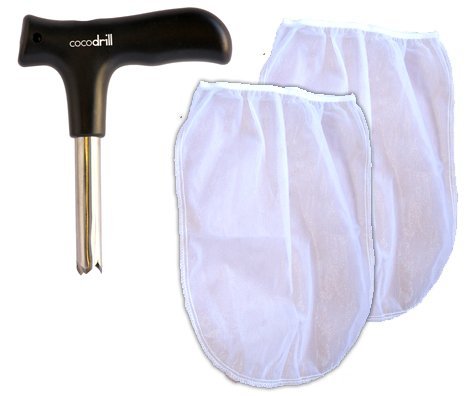 CocoDrill Coconut Opener +2 Nut Milk Bags COMBO - Open Tap Coco Water, Fresh Tool, extractor + Raw Food Mylk Strainer Sifter sprouting 1