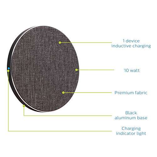 Philips Fabric Wireless Charger, 10W Fast Charging, Qi-Certified for iPhone 13/12/11/Pro/Pro Max/Mini, Samsung Galaxy S21, Google Pixel 6, Gray, DLP9035BC/27 2