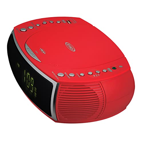 Jensen Red Modern Home CD Tabletop Stereo Clock Digital AM/FM Radio CD Player Dual Alarm Clock CD Top-Loading Player | USB Charging Port DV 5V 800mA | Headphone Jack | 0.9 Display Green LED 3
