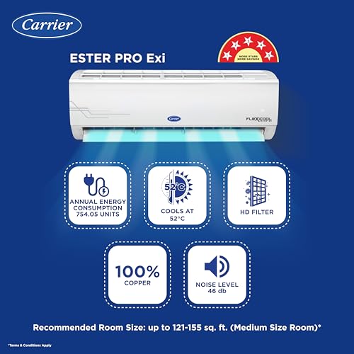 Carrier 1.5 Ton 5 Star AI Flexicool Inverter Split AC (Copper, Convertible 6-in-1 Cooling,Dual Filtration with HD & PM 2.5 Filter, Auto Cleanser, 2024 Model,ESTER PRO Exi, CAI18ES5R34F1,White) 2