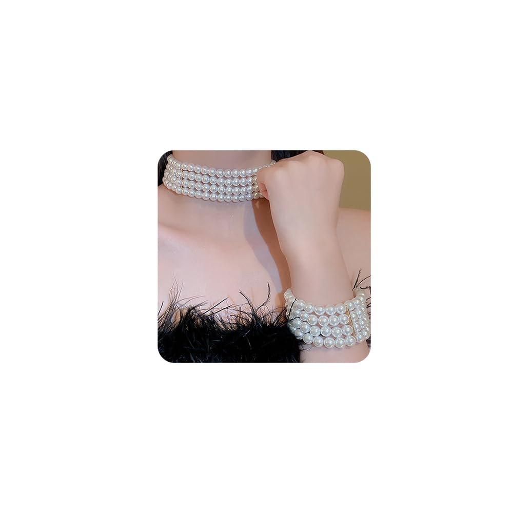 Chargances 2pcs 1920s Faux Pearl Jewelry Set Dainty 4-tier Pearl Necklace Multi-Layered Chunky Bracelet Bridal Wedding Accessories for Women 1