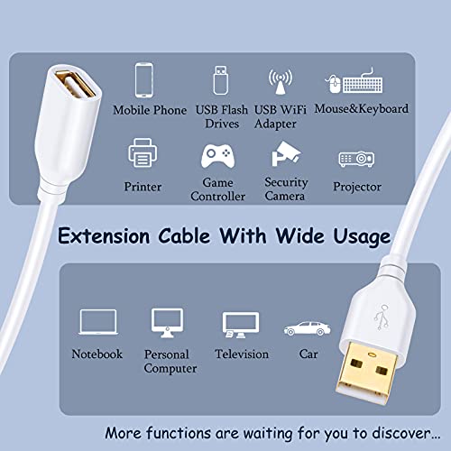 Costyle White USB Extension Cable, 2-Pack USB 2.0 10ft/3m Type A Male to A Female Extension Cord White USB Extender Cable with Gold-Plated Connectors 3