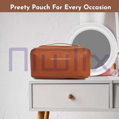 Niwlix Travel Cosmetic Makeup Pouches for Women Travel Organizer Bag Portable Pouch Open Flat Toiletry Bag Make Up Organizer with Divider and Handle (Brown) 6