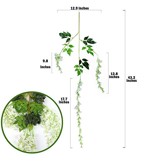 Ms Bloom Artificial Wisteria Vine - 12-Pack 3.6 Ft Spring Hanging Flowers Décor, Silk Plants Garlands for Sweet Home Kitchen Wall, Fake Plant Rattan for Outdoor Wedding Party Desk Decorations (White) 3