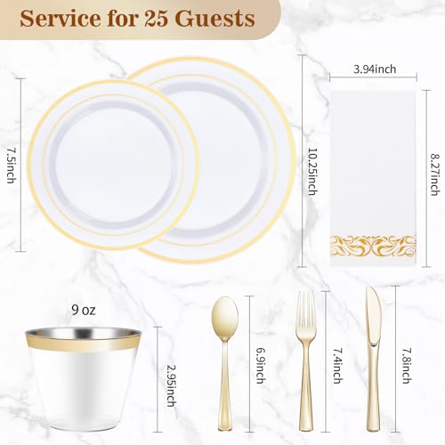 BESTVIP 175 PCS Gold Dinnerware Set for 25 Guests, Plastic Dinnerware Set for Party, Wedding, Christmas, Halloween, Include: 50 Plastic Plates, 25 Gold Silverware, 25 Cups, 25 Paper Napkins 4