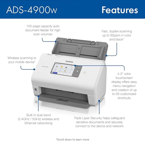 Brother ADS-4900W Professional Desktop Scanner with Fast Scan Speeds, Duplex, Wireless, and Large Touchscreen, White 2