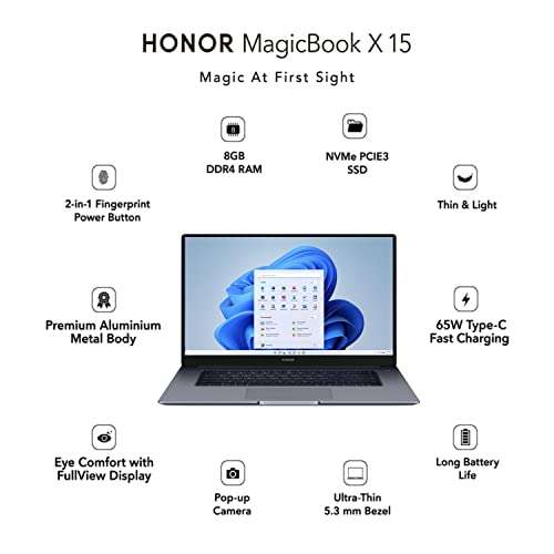 Honor MagicBook X 15, Intel Core i5-10210U 15.6 inch (39.62 cm) Thin and Light Laptop (8GB/512GB PCIe SSD/Windows 11/Aluminium Metal Body/1.56Kg), Gray,(BohrBR-WAH9F) 2