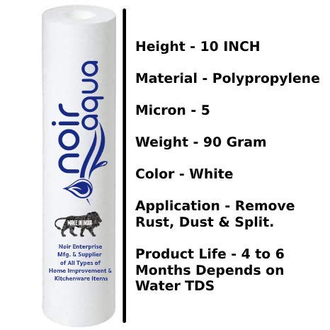 Noir Aqua - 5 PP Spun Filter + 2 Meter 1/4" Food Grade Water Pipe | for All type RO Water Purifiers (5 Piece, White, 10 Inch, 5 Micron) - RO spun filter cartridge 4