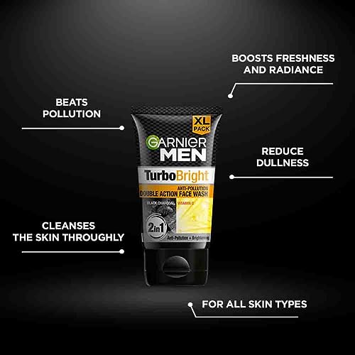 Garnier Men Turbo Bright Double Action Face Wash, Deep Cleansing Anti Pollution Face Wash with Charcoal and Vitamin C, Suitable for all Skin Types, 150g x2 (Pack of 2) 4