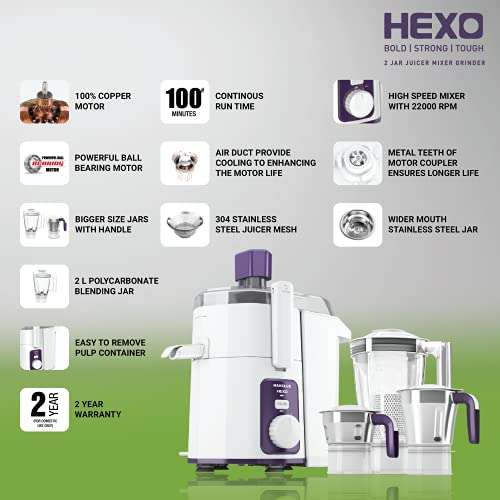 Havells Hexo 1000 watts 3 Jar Juicer Mixer Grinder with 2.5 Kg 100% Ball Bearing Copper Motor ,22000 RPM, 2Ltr Polycarbonate Jar, Metal Teeth Coupler & 2 Years Warranty (White & Purple) 2