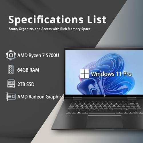 HP Envy x360 2-in-1 Convertible Business Laptop, 15.6 Inch FHD Touchscreen, AMD Ryzen 7 5700U, Windows 11 Pro, 64GB RAM, 2TB SSD, Backlit Keyboard, Fingerprint Reader, WiFi 6, HDMI, Black, PCM 2