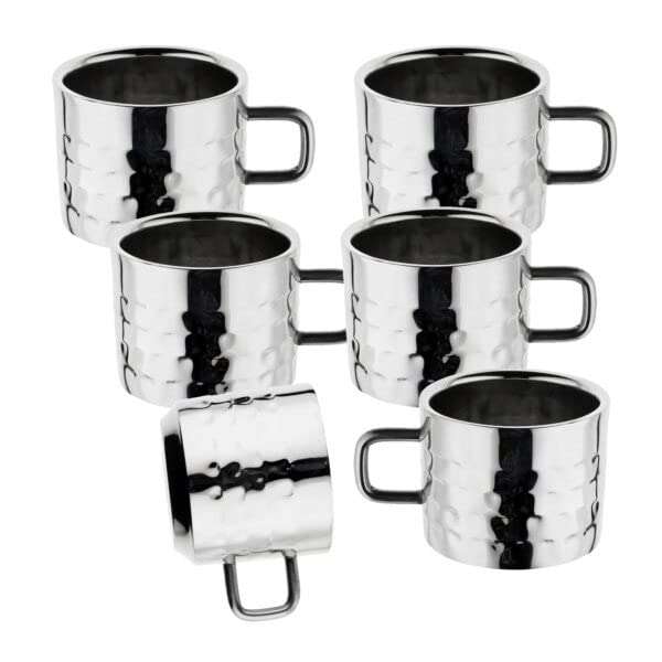 Stainless Steel Double Wall Hammered Tea Cup Set, Set of 6, Box Packing. 6