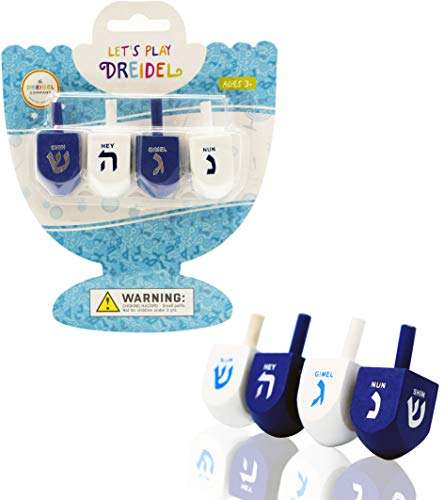 The Dreidel Company Bulk Solid Blue & White Wooden Hanukkah Dreidels, Hand Painted with English Transliteration- Includes Game Instruction Cards (4-Pack) 1