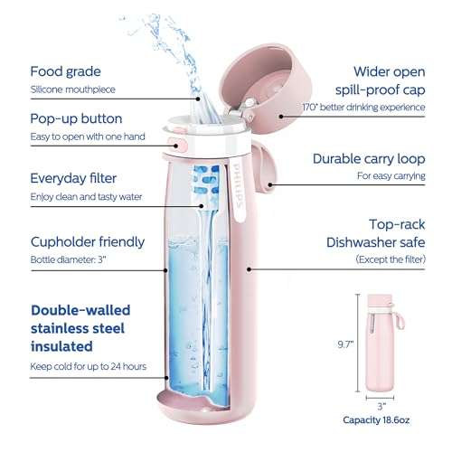 PHILIPS Filtered Water Bottle, Insulated Stainless Steel Water Purifier Bottle for Daily Life & Travel, BPA Free with GoZero Everyday Filter for Cleaner Tastier Tap Water, Keeps Cold, 18.6 oz Pink 2
