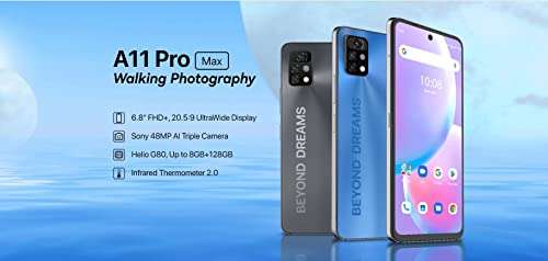 UMIDIGI A11 Pro Max (128GB, 8GB) 6.8" FHD+, G80 Gaming Processor, Dual SIM GSM Unlocked 4G LTE (T-Mobile, AT&T, Global) International Model (Fast Car Charger Bundle, Mist Blue) 3