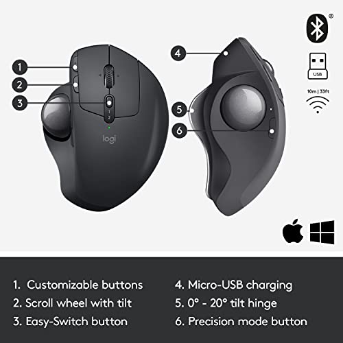 Logitech MX Ergo Wireless Trackball Mouse, Ergonomic Design, Move Content Between 2 Windows and Apple Mac Computers (Bluetooth or USB), Rechargeable 6