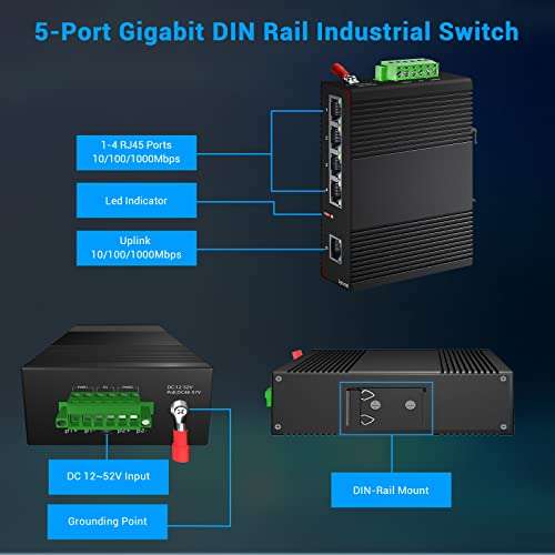 Lynxcel 5 Port Industrial Ethernet Switch,Aluminum Din Rail 60W gigabit Switch,IP30 Outdoor Network Switch Suitable for Security System/Mining etc(-40 to 185°F),Plug and Play with UL Power 2