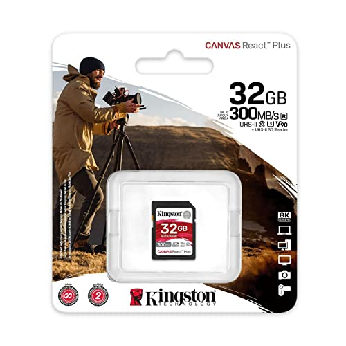 Kingston Canvas React Plus 32GB SD Card | SDHC UHS-II | 300R/260W U3 V90 | Full HD/4K/8K | SDR2/32GB 3