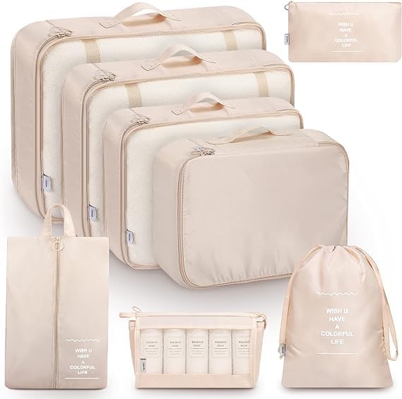 FLYNGO Nylon 8 Pcs Travel Organizer Pouch Packing Cubes For Clothes Space Savers Bags Cosmetics/Underwear/Socks/Shoes Toiletry Bag Laundry Organiser(Beige) 1