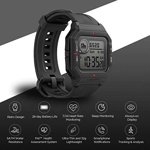Amazfit Neo Smart Watch, Retro Design, 28-Day Battery Life, Always-on Display, 5ATM Water Resistant, Lightweight, 4 Physical Buttons, Heart Rate, Sleep Monitor (Black) 3