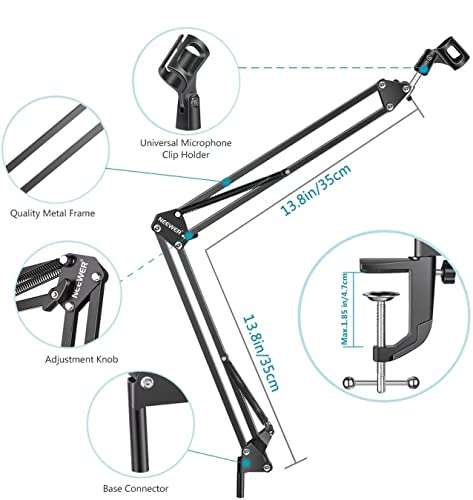 MARVELOUSLY Adjustable Microphone Suspension Boom Scissor Arm Stand, Max Load 1 KG Compact Mic Stand for Radio Broadcasting, Voice-Over, Stage and TV Stations 2