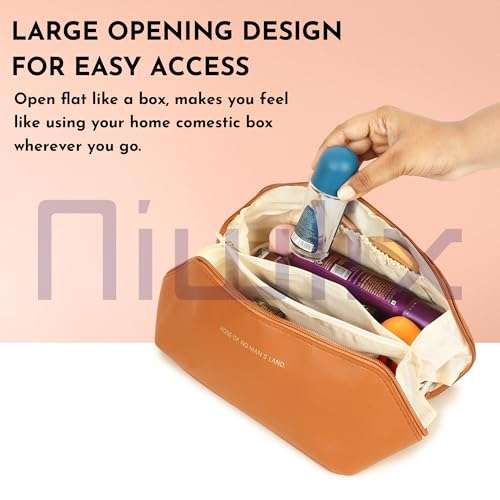 Niwlix Travel Cosmetic Makeup Pouches for Women Travel Organizer Bag Portable Pouch Open Flat Toiletry Bag Make Up Organizer with Divider and Handle (Brown) 5