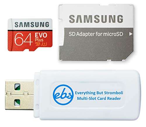 Samsung Micro 64GB Evo Plus Memory Card Class 10 Works with Android Phone - Galaxy Galaxy A20s, A20, A10, A70 (MB-MC64) Bundle with (1) Everything But Stromboli MicroSD & SD Card Reader 1