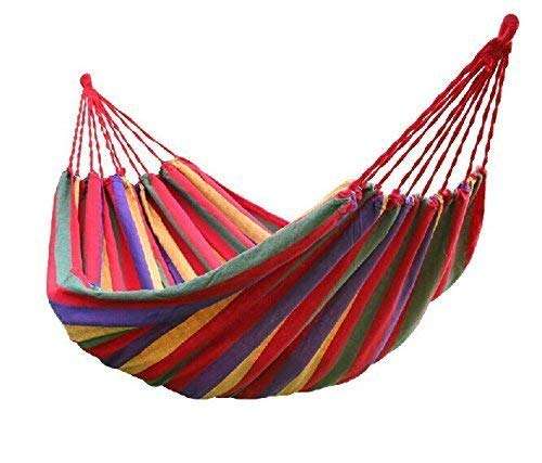 plenzo Travel Camping Hammock Cotton Fabric Swing Bed Canvas Stripe Outdoor Portable with Bag 1