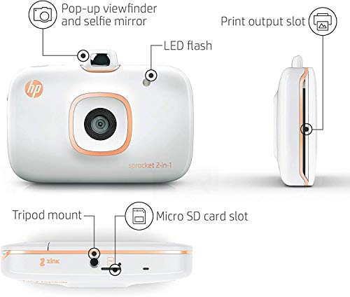 HP Sprocket 2-in-1 Portable Photo Printer & Instant Camera, print social media photos on 2x3" sticky-backed paper (2FB96A), 2:1 White, 4.8 x 3 x 1.1 3
