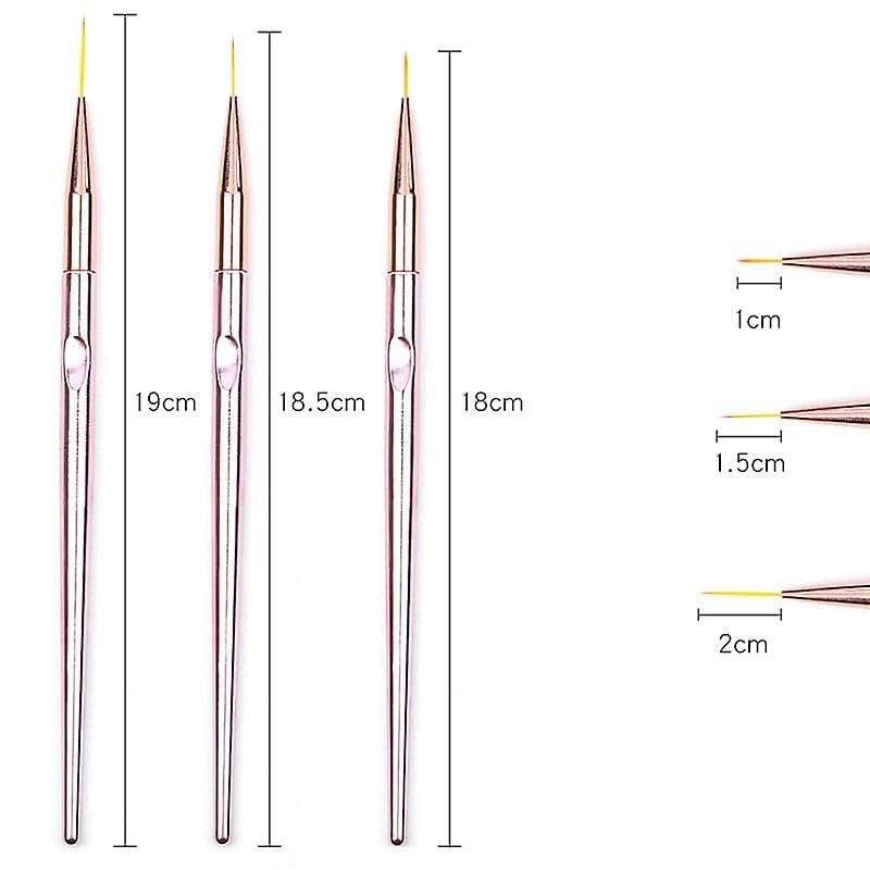 Aishu 3 Pcs Rose Gold Nail Art Liner Brushes Set, UV Gel Acrylic Application Nail Pens Nail Art Designs Tools(7mm/9mm/11mm) 3