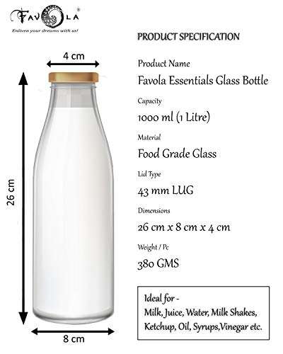 FAVOLA Hygienic Air Tight Glass Water Bottle, Milk Bottle, Juice Bottle with Air Tight Cap (Pack of 12) - 1000 ml (1 LTR) 4