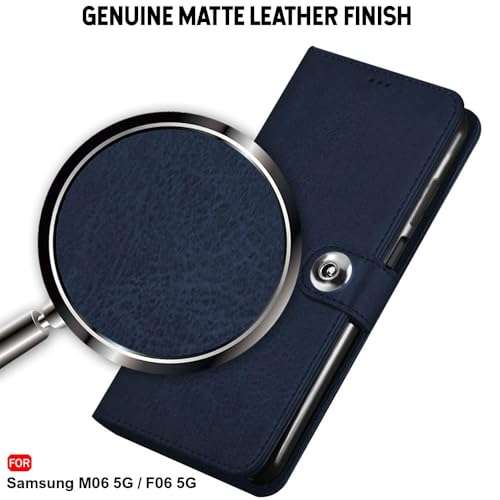 TheGiftKart Flip Cover Back Case for Samsung Galaxy M06 5G / F06 5G | Genuine Leather Finish | Designer Button | Inbuilt Pockets & Stand | Flip Cover for Samsung M06 5G / F06 5G (Faux Leather, Blue) 3