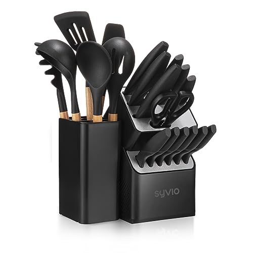 syvio Knife Set, 21pcs Utility Knife Sets for Kitchen with Block and Sharpener, Razor-Sharp, Effortless Sharpening, Premium Kitchen Knives with 6 pcs Kitchen Utensils Set and Utensil Holder, Black 1