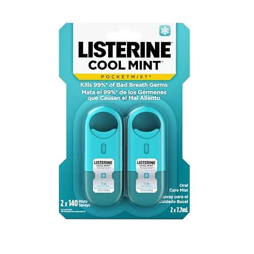 Listerine Cool Mint Pocketmist, Oral Care Mist for Fresh Breath, Non-Aerosol Sugar-Free Bad Breath Refresher Spray to Kill 99% of Bad Breath Germs, Portable, Cool Mint Flavor, 1 Pack of 2 Sprays 1