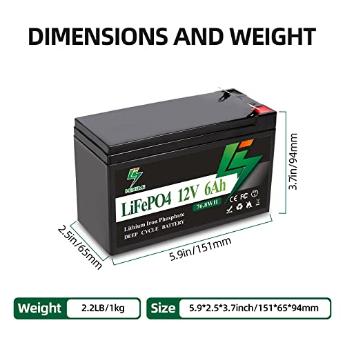 HiXiMi Lithium Battery 12V 6Ah LiFePO4 Lithium Iron Phosphate Rechargeable Battery with 10A BMS for Small UPS Fish Finder Kids Scooter LED Light Alarm System Security Camera Camping 2