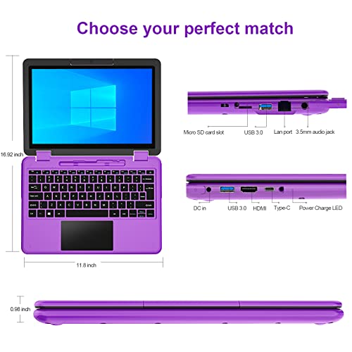 AWOW 2 in 1 Touchscreen Laptop with Stylus, 11.6" FHD Purple Intel 4 Core Celeron N4120 Processor Windows 11 OS 6GB RAM 256GB M.2 SSD Storage Kids Convertible Laptop 5