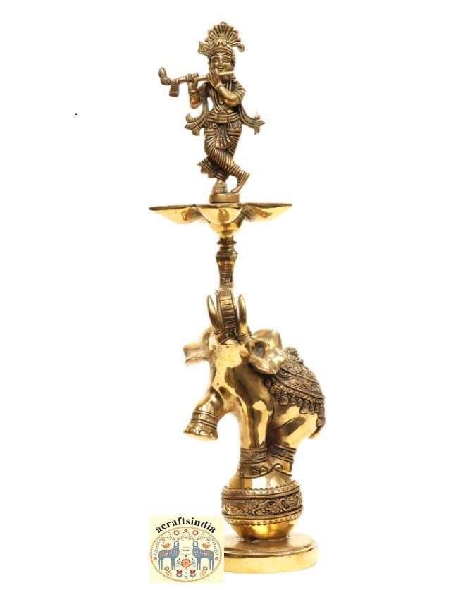 acraftsindia Brass Krishna Elephant Diya Deepak Deepam Diya Lotus Indian Diwali Oil Lamp Pooja Light Puja Decor Lamps Made in India Decorative 1