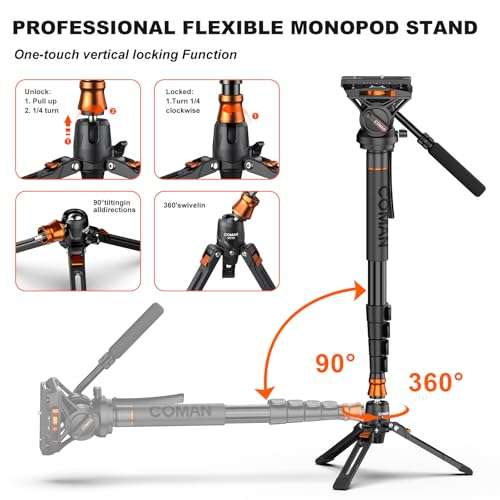 Monopod, COMAN KX3232 73.2 inch Professional Monopod Tripod Lightweight Aluminum Telescopic Camera Monopod with feet and Pan Tilt Fluid Head for DSLR Video Cameras 4