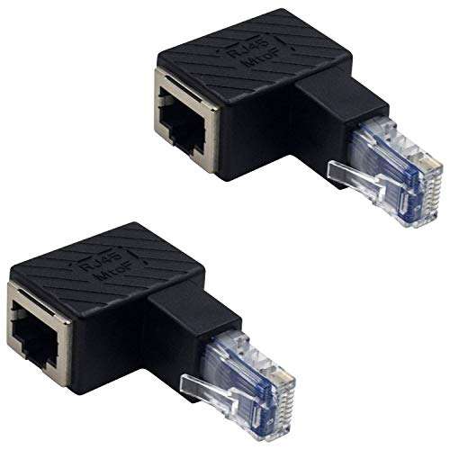 Duttek Ethernet Adapter 90 Degree, Down Angled RJ45 Male to Female Ethernet Extender Adapter, Cat5e/Cat6 RJ45 Ethernet, for Modem, Router, PC, Network Printer, Laptop, LAN, Switch, etc 2 Pack 1