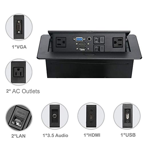 SHAPURE Hydraulic 10 Module Conference Table Connectivity and Data Box Pop Up Box Cable Cubby with HDMI, VGA, Audio, LAN and Power Ports (Black) 3