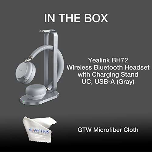 Yealink BH72 Bluetooth Headset UC with Charging Stand, USB-A (Grey) - GTW Bundle Yealink Wireless Headset with Global Teck Microfiber Cloth - Compatible for Office and Home Use 2