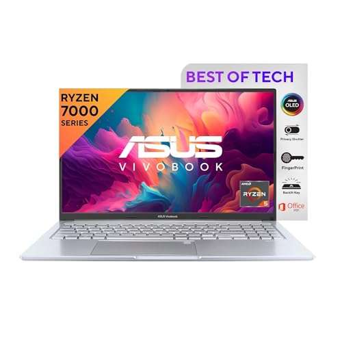 ASUS Vivobook 15 OLED (2023), AMD Ryzen 5 7530U, Thin and Light Laptop, 15.6" (39.62 cms) FHD OLED, (16GB RAM /512GB SSD/Windows 11/Office 2021/Backlit KB/Fingerprint/Silver/1.7 kg), M1505YA-LK542WS 1