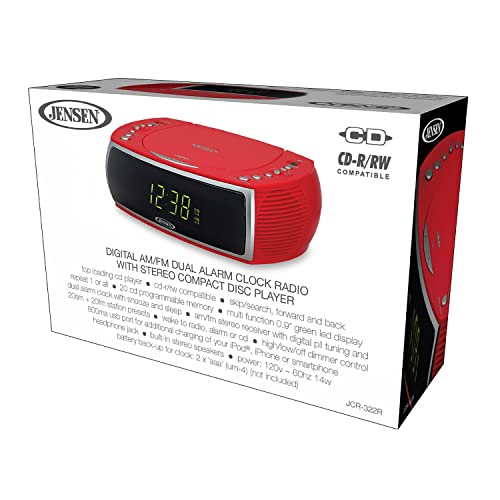 Jensen Red Modern Home CD Tabletop Stereo Clock Digital AM/FM Radio CD Player Dual Alarm Clock CD Top-Loading Player | USB Charging Port DV 5V 800mA | Headphone Jack | 0.9 Display Green LED 5